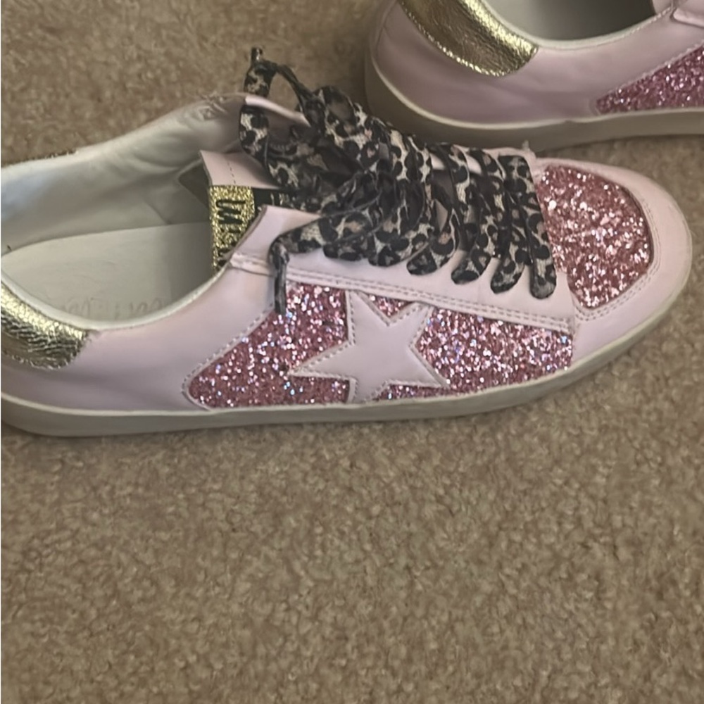Pink Glitter Sneakers with Gold Accents